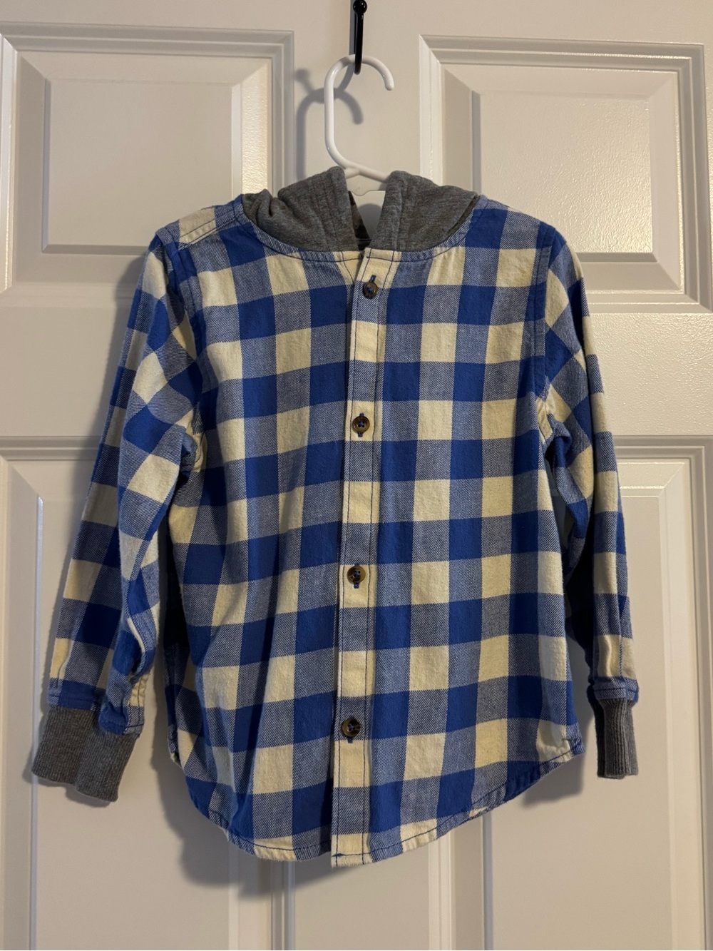 Hanna Andersson Hooded Flannel Jacket, blue and white plaid, size 4